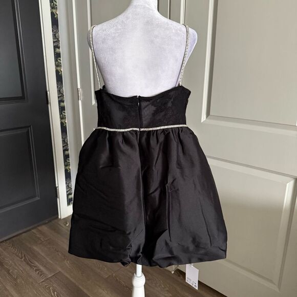 NWT Self-Portrait Black Taffeta Diamante Mini Dress with Lace Trim Size 10 - Picture 6 of 15